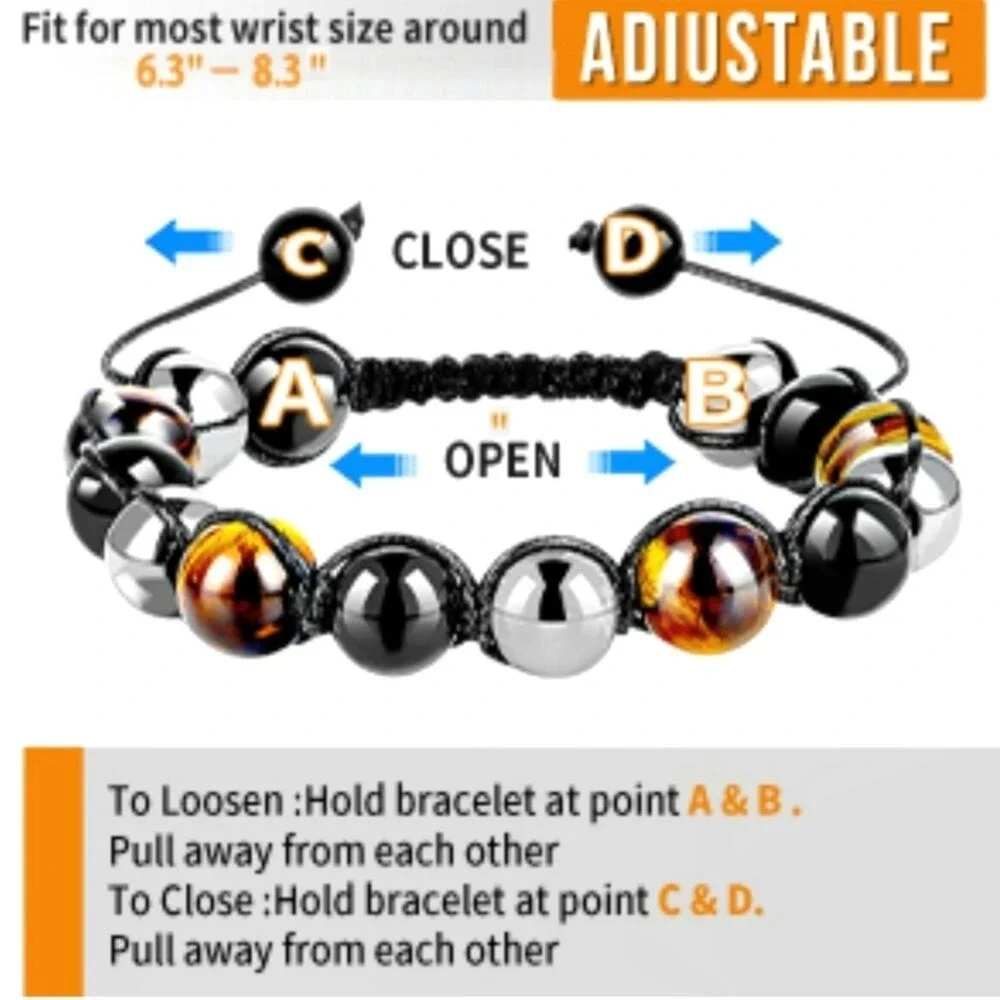 Healing Crystal Bracelet Men Women Obsidian Hematite Tiger Eye Stones Adjustable